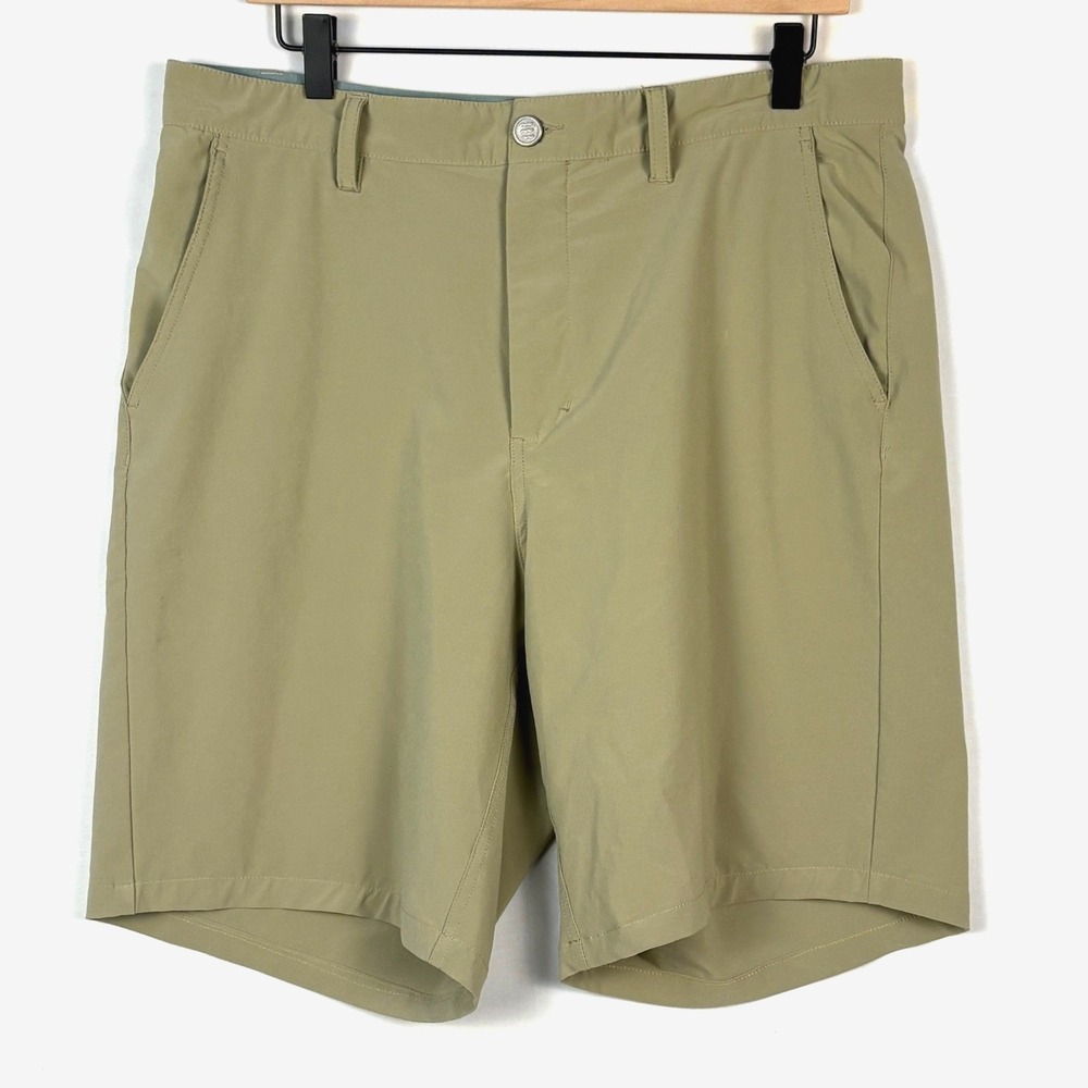 Free Fly Men Performance Stretch Hybrid Golf Casual Shorts Sz 34 Khaki Athleisur